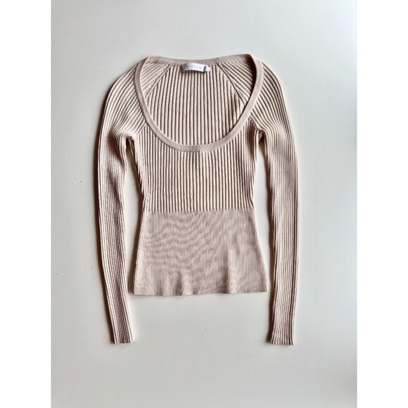 JONATHAN SIMKHAI Jayline Beige Ribbed Knit Deep Scoop Neck Sweater, Size XS - Picture 3 of 11